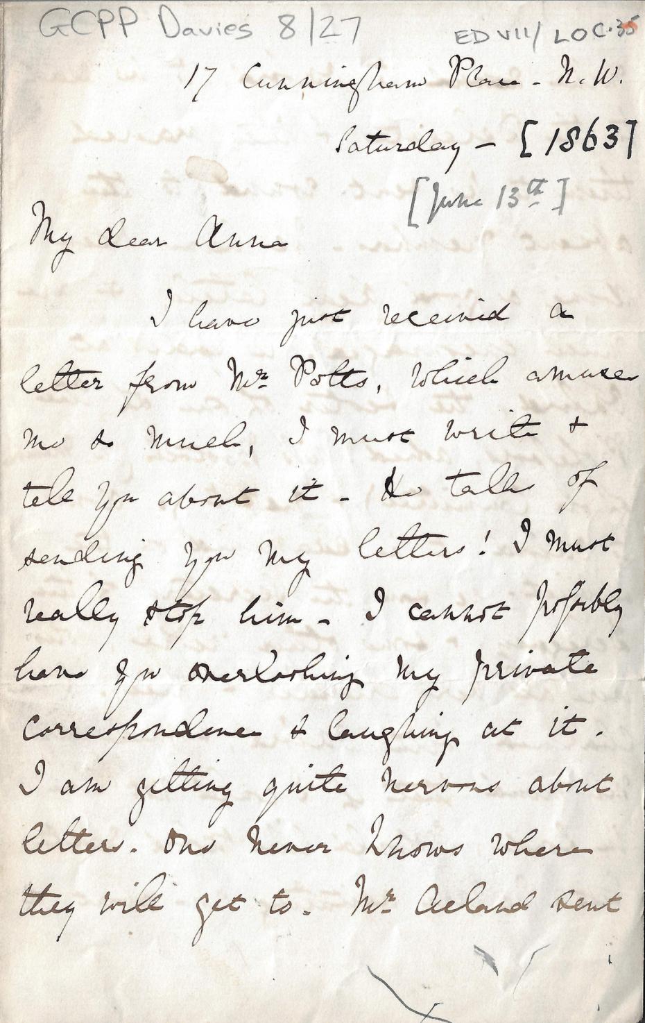Letter from Emily Davies to Anna Richardson, 13 June 1863 (archive reference: GCPP Davies 8/27pt).