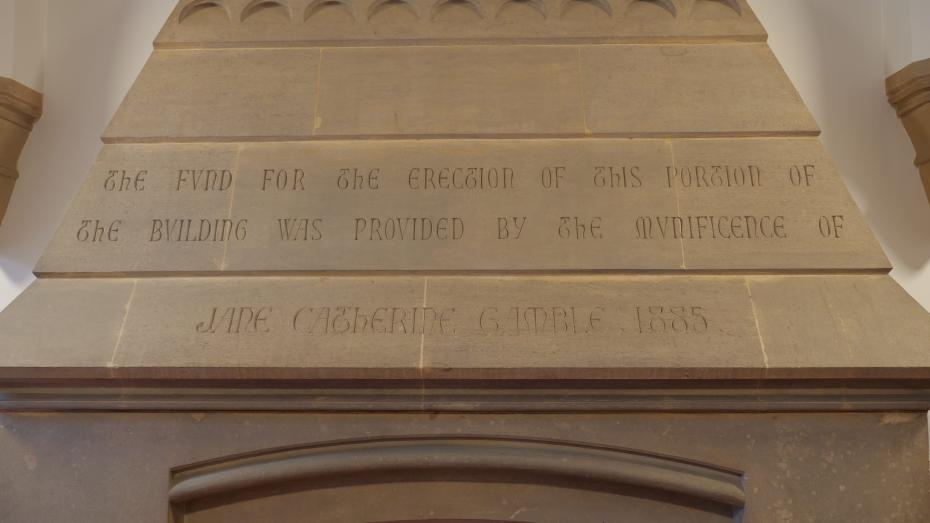 The Gamble fireplace inscription