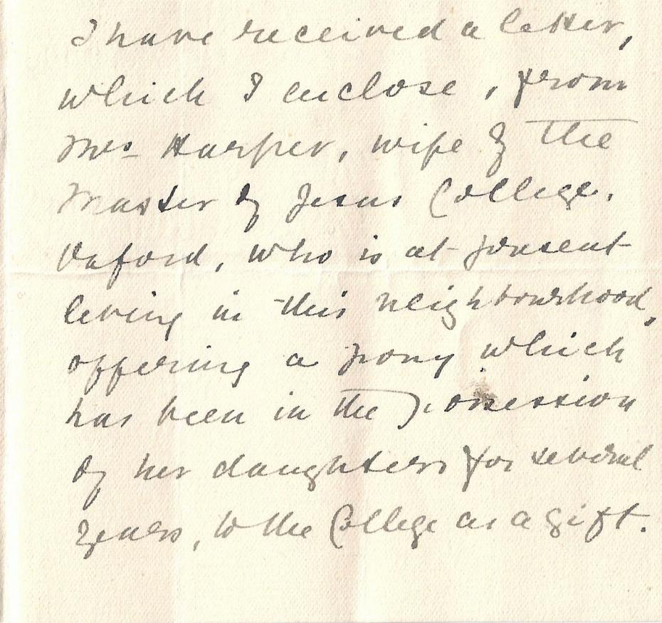 Extract of a letter from Elizabeth Welsh to Miss Kensington, reporting the gift of a pony, 24 September 1894 (archive reference: GCAR 1/6/4/4/pt).
