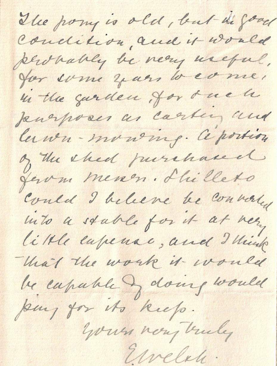 Extract of a letter from Elizabeth Welsh to Miss Kensington, reporting the gift of a pony, 24 September 1894 (archive reference: GCAR 1/6/4/4/pt).