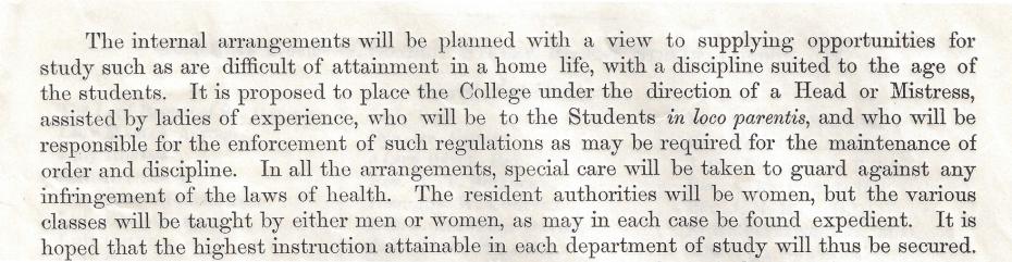 ‘The College will be under the direction of a Head or Mistress...’, from a prospectus for the proposed College for Women, circa 1868 (archive reference: GCPP Davies 15/2/5pt).