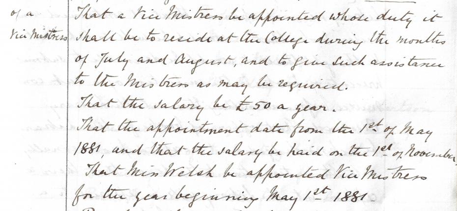 Elizabeth Welsh appointed as Vice-Mistress, from the Executive Committee minutes, 4 February 1881 (archive reference: GCGB 2/1/6pt).